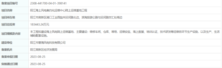 總投資超18億，陽(yáng)江海上風(fēng)電集約化運(yùn)維中心陸上運(yùn)維基地工程備案通過(guò)