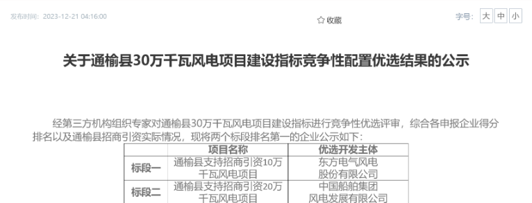 中船風電、東方風電獲風電項目競配指標