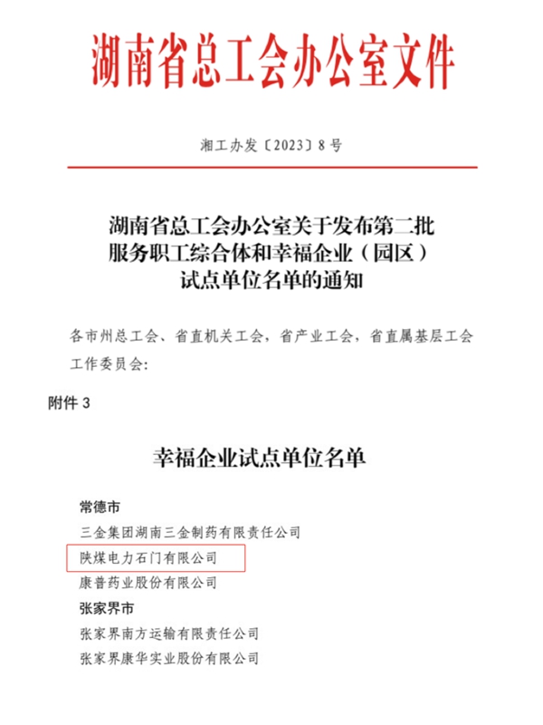 陜煤石電公司獲評“湖南省幸福企業(yè)試點單位”